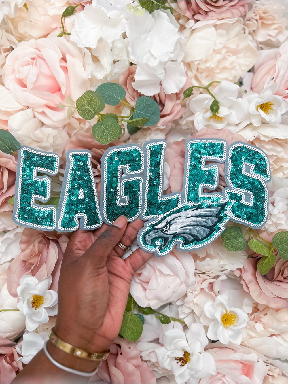 Large Sequin 'EAGLES' Wall Chenille Patch in Teal - 11”